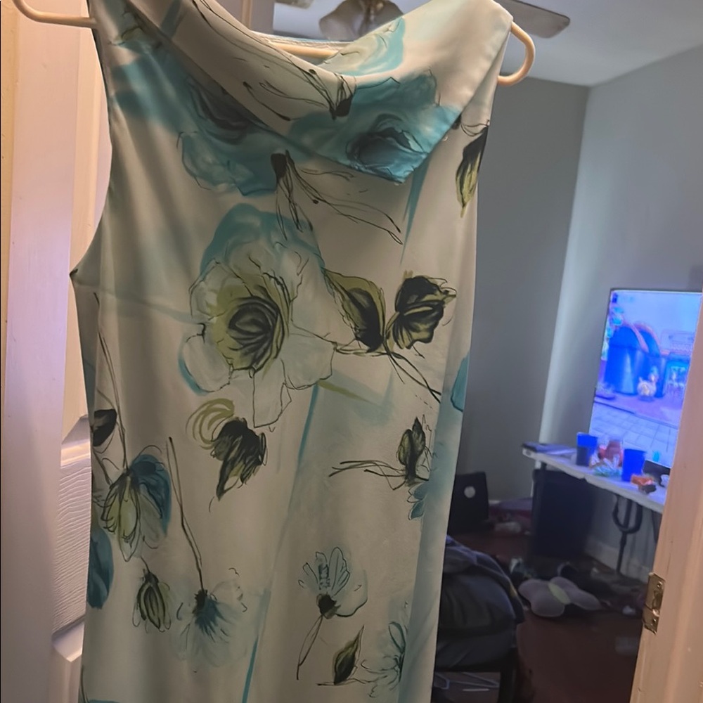 Asymmetrical Floral Dress in Blue and Green